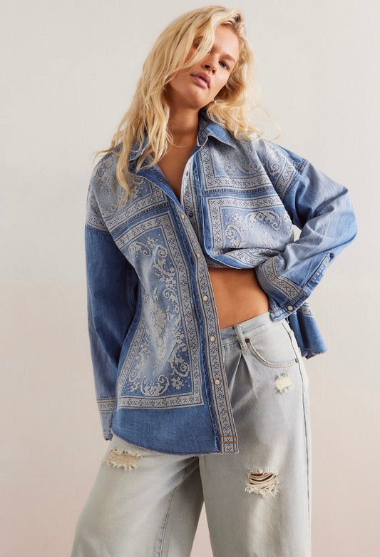 Free People Lace Embroidered Denim Shirt