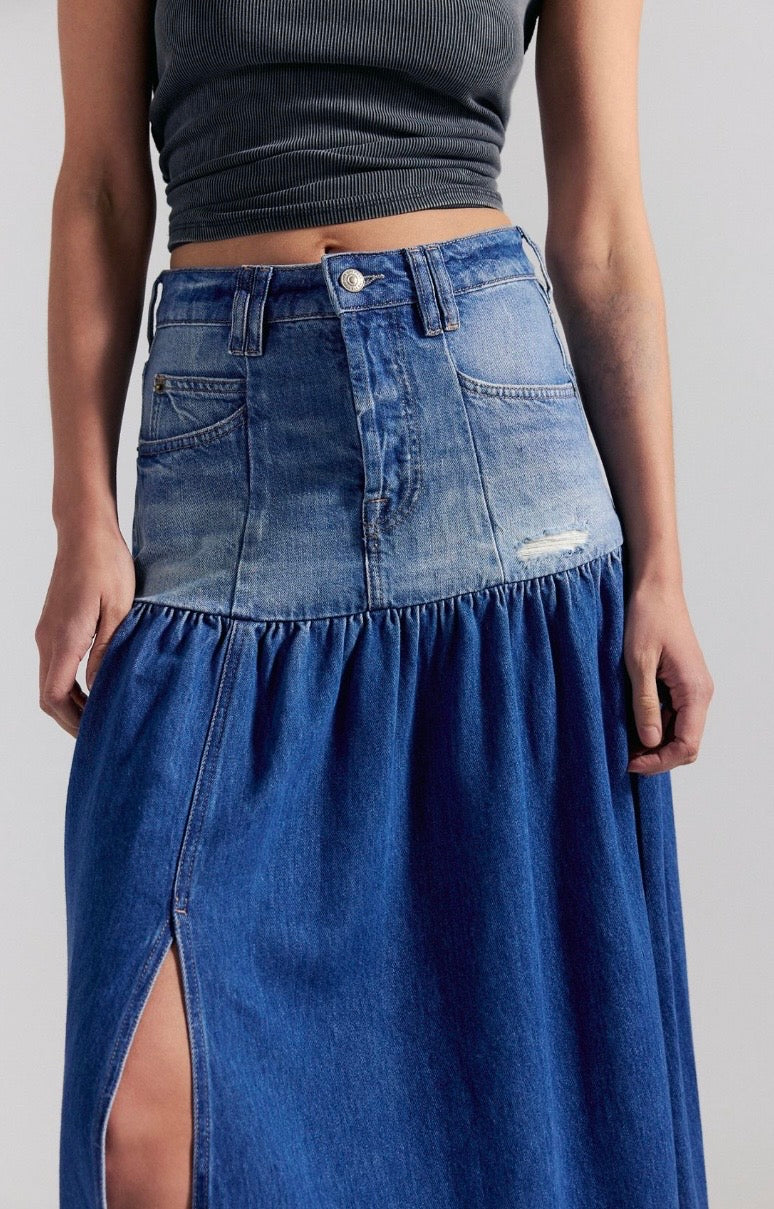 We The Free Good Company Mixed Denim Maxi Skirt