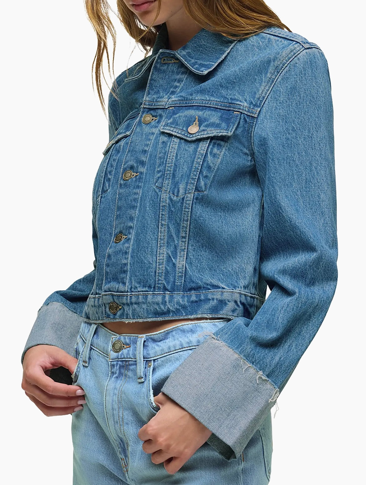 Cuffed-Sleeve Denim Crop Jacket