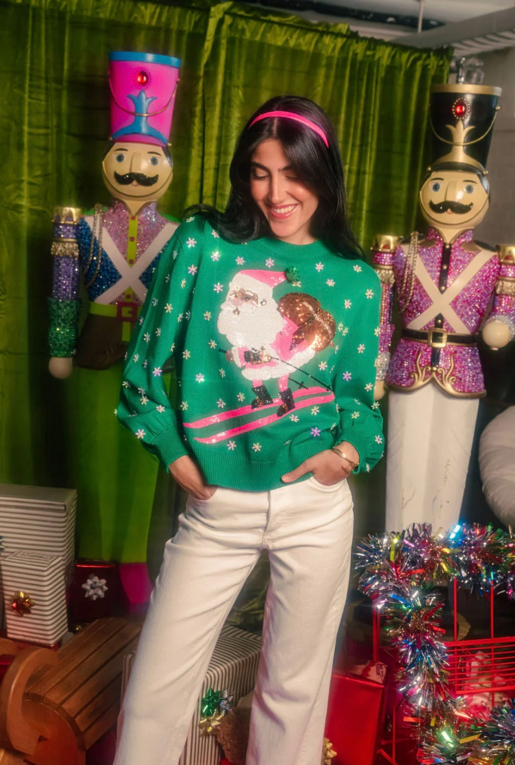 Queen Of Sparkles Green And Neon Pink Santa Skiing
Sweater