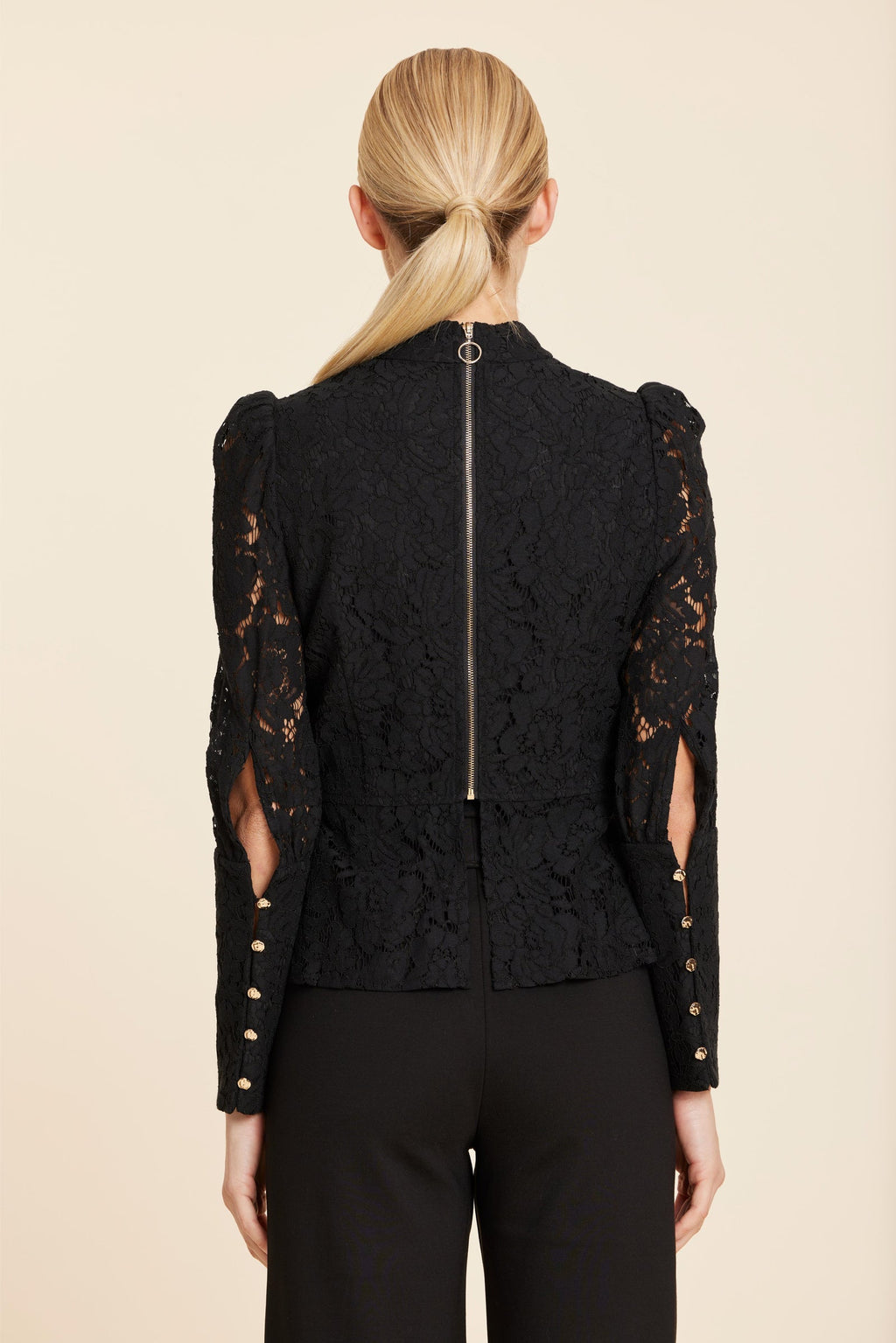 Floral Black Lace Pearl Button Longsleeve Peplum