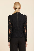 Floral Black Lace Pearl Button Longsleeve Peplum