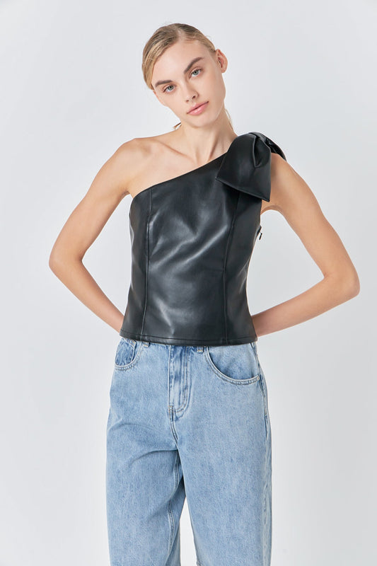 Asymmetrical Leather Top with Bow Tie