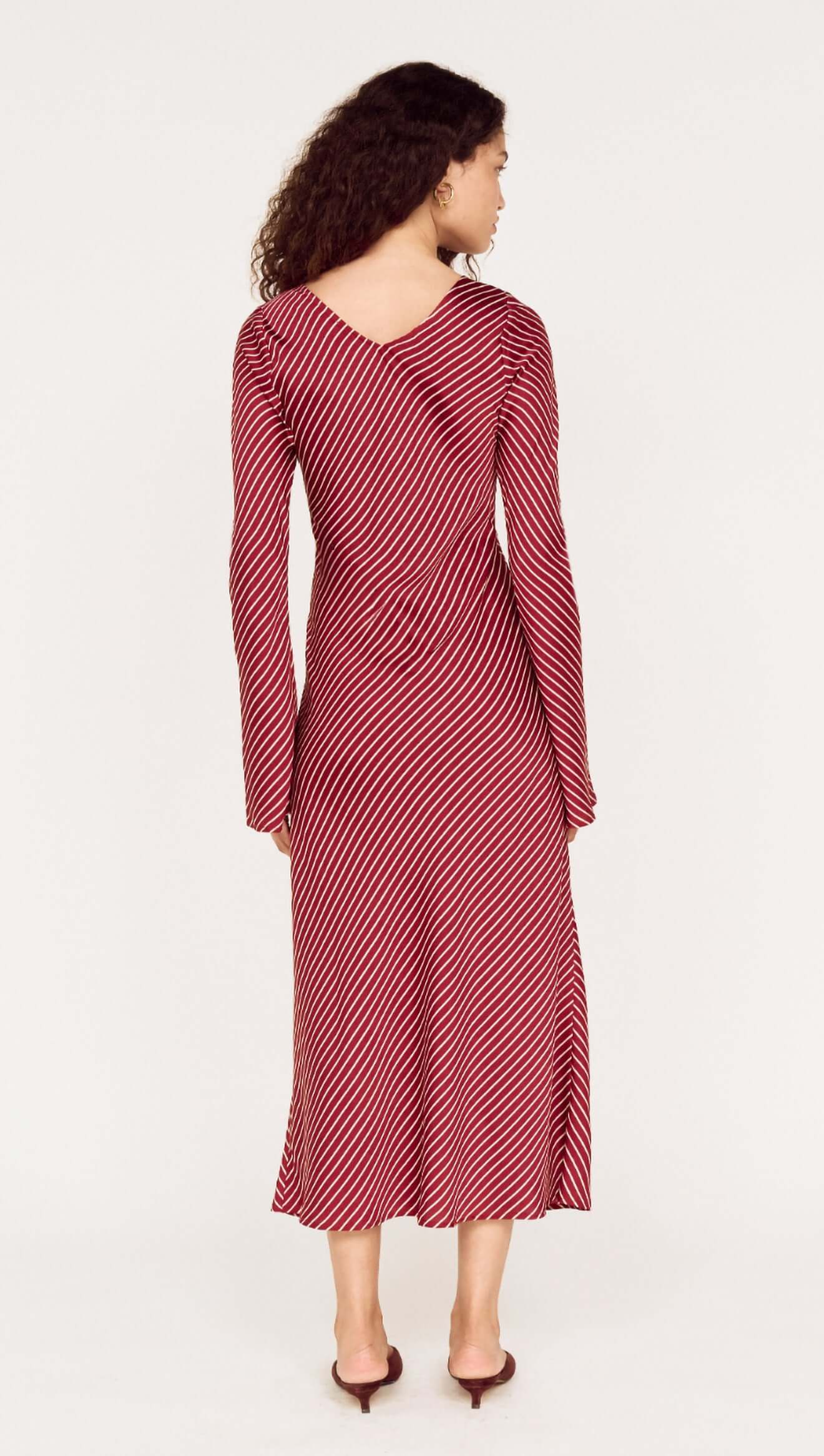 Burgundy Pinstripe Bias Midi Dress