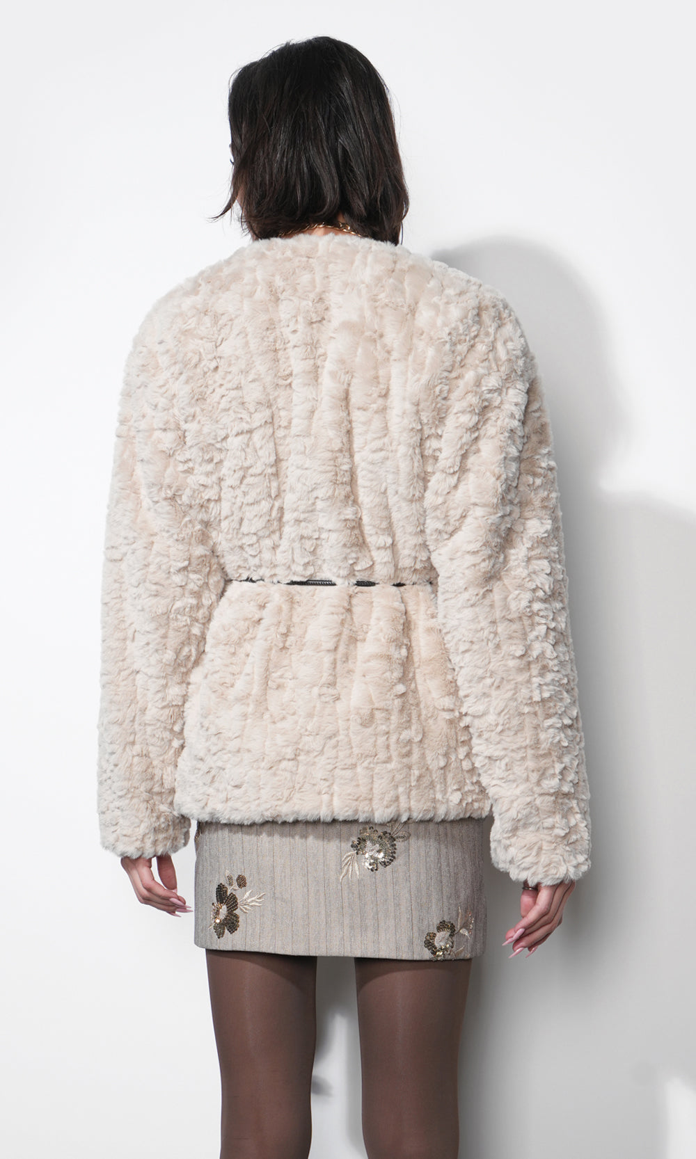 Yuri Collarless Faux Fur Jacket with Tie Belt