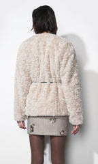 Yuri Collarless Faux Fur Jacket with Tie Belt