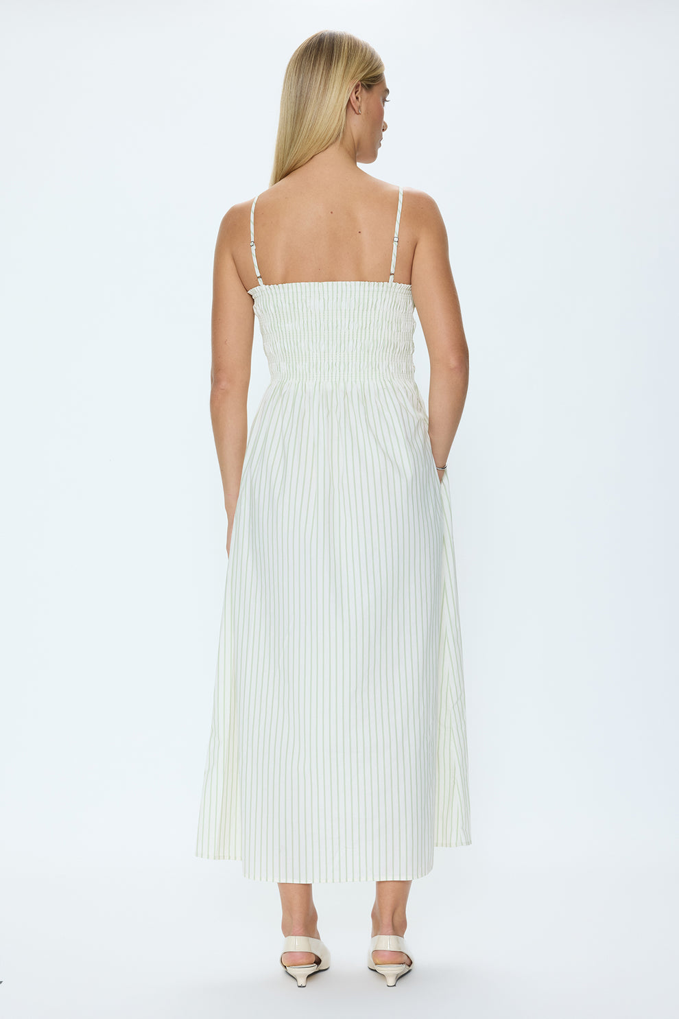Bianca Shirred Striped Bodice Dress Sage Egret Stripe