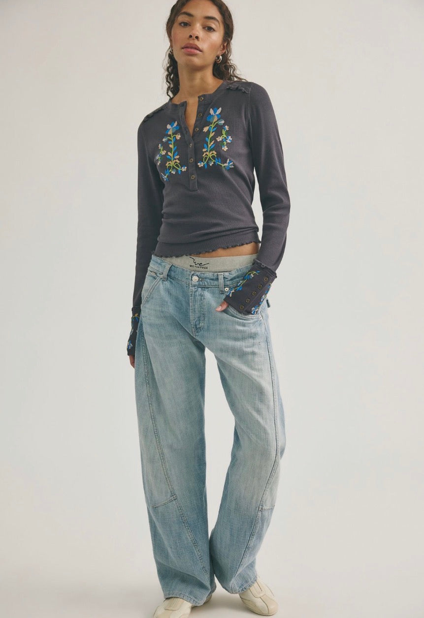 Fleur Embroidered Cuff Henley