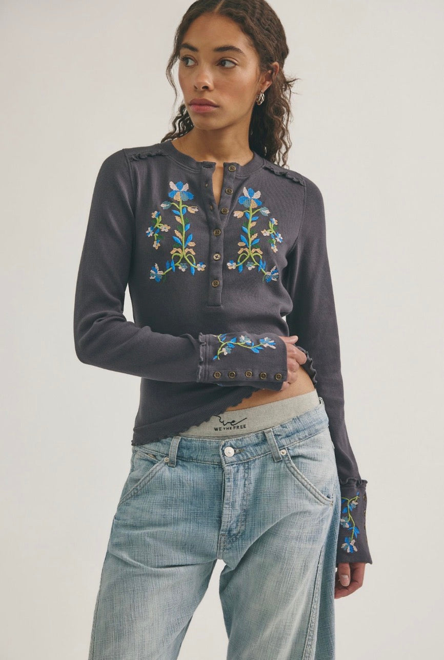 Fleur Embroidered Cuff Henley