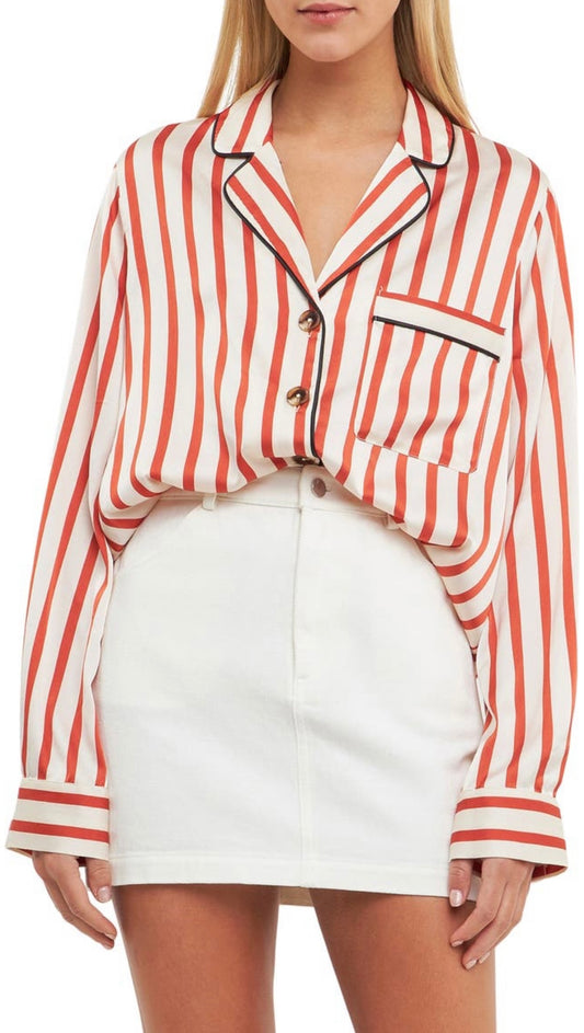 Striped Satin Button-Up Shirt