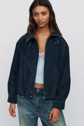 Navy Suede Funnel Neck Jacket