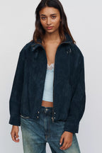 Navy Suede Funnel Neck Jacket