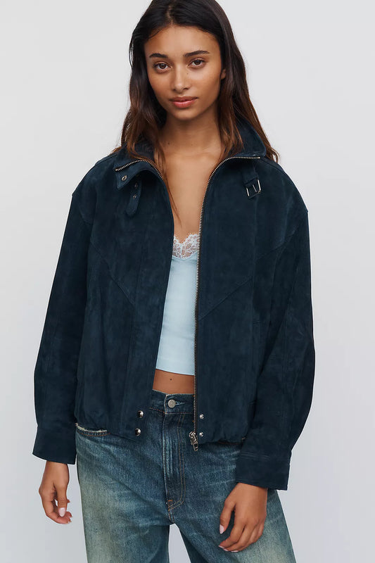 Navy Suede Funnel Neck Jacket
