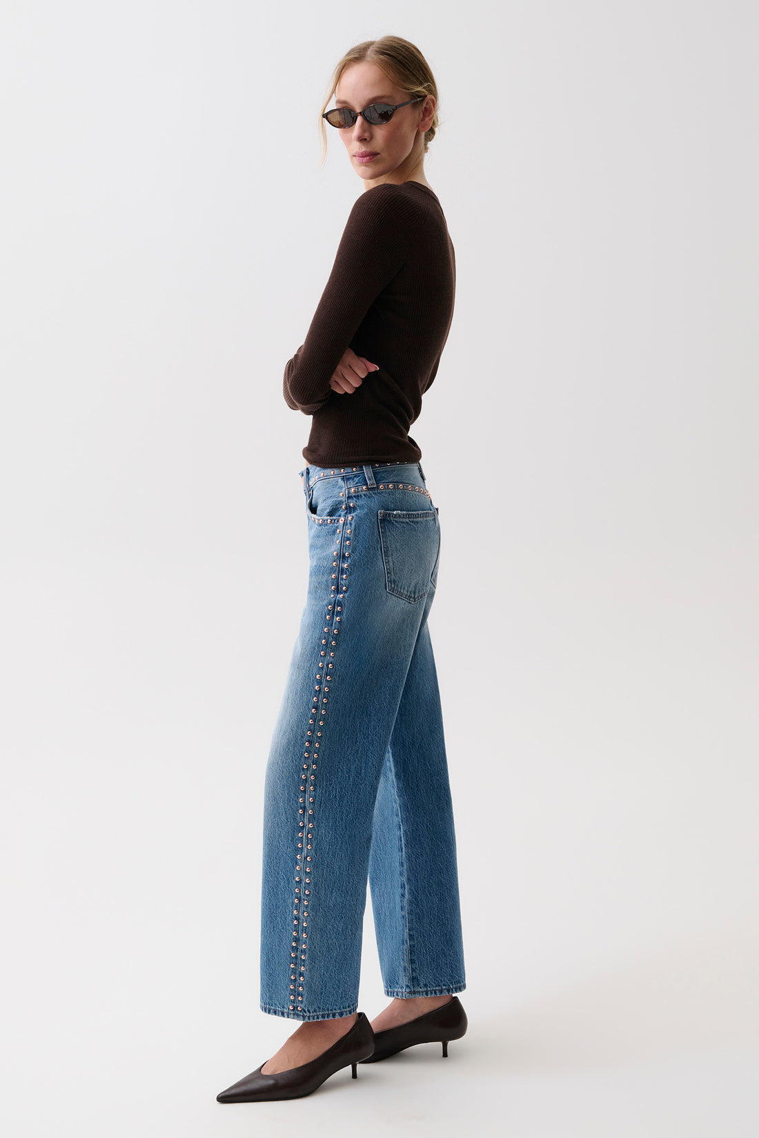 Lexi Mid Rise Bowed Straight-Rose Gold Studded