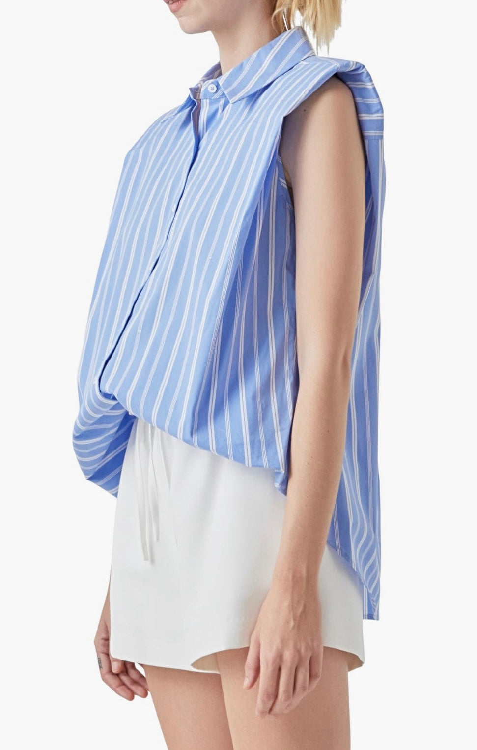 Stripe Power Shoulder Sleeveless Button-Up Shirt