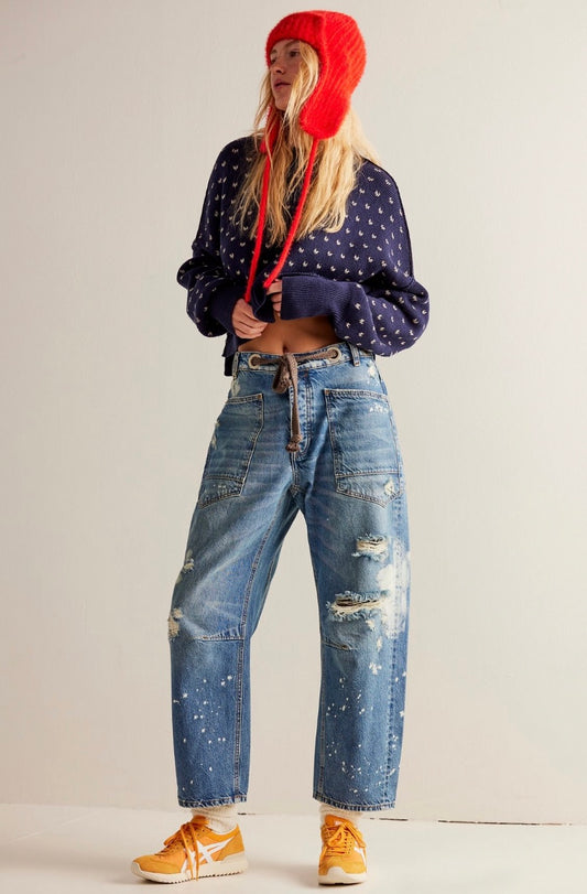 Free People Moxie Low-Slung Pull-On Barrel Jeans