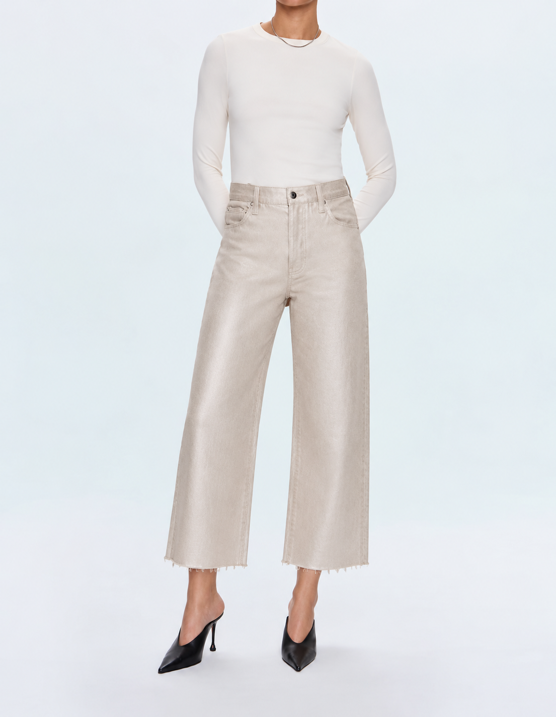 Tate Crop High Rise Bowed Wide Jeans in Champagne Luster