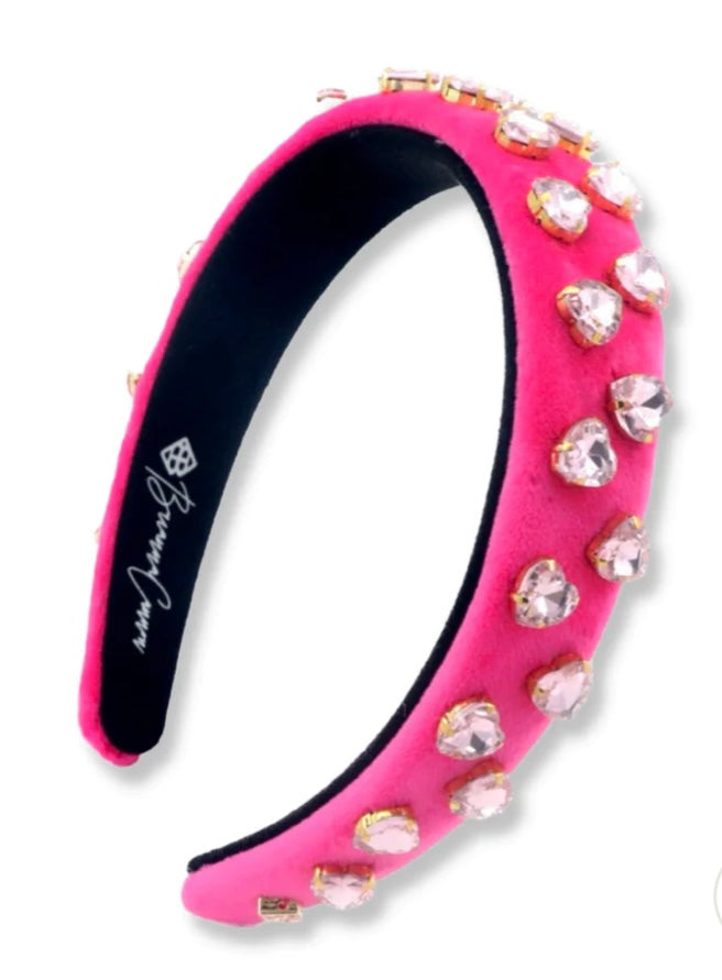 HOT PINK VELVET THIN HEADBAND WITH LIGHT PINK CRYSTAL HEARTS