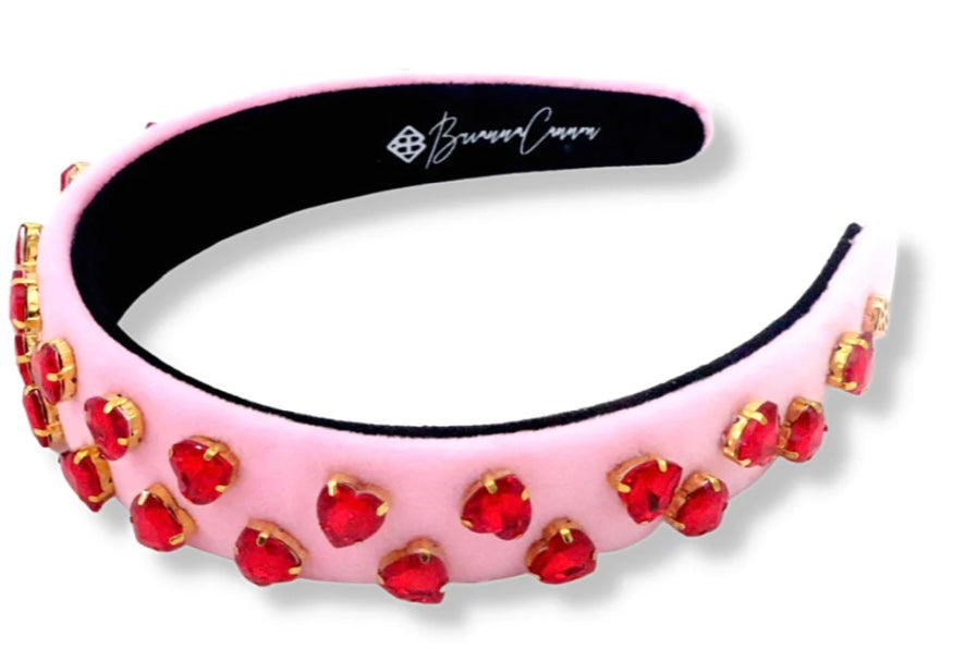 PINK VELVET THIN HEADBAND WITH RED HEART CRYSTALS