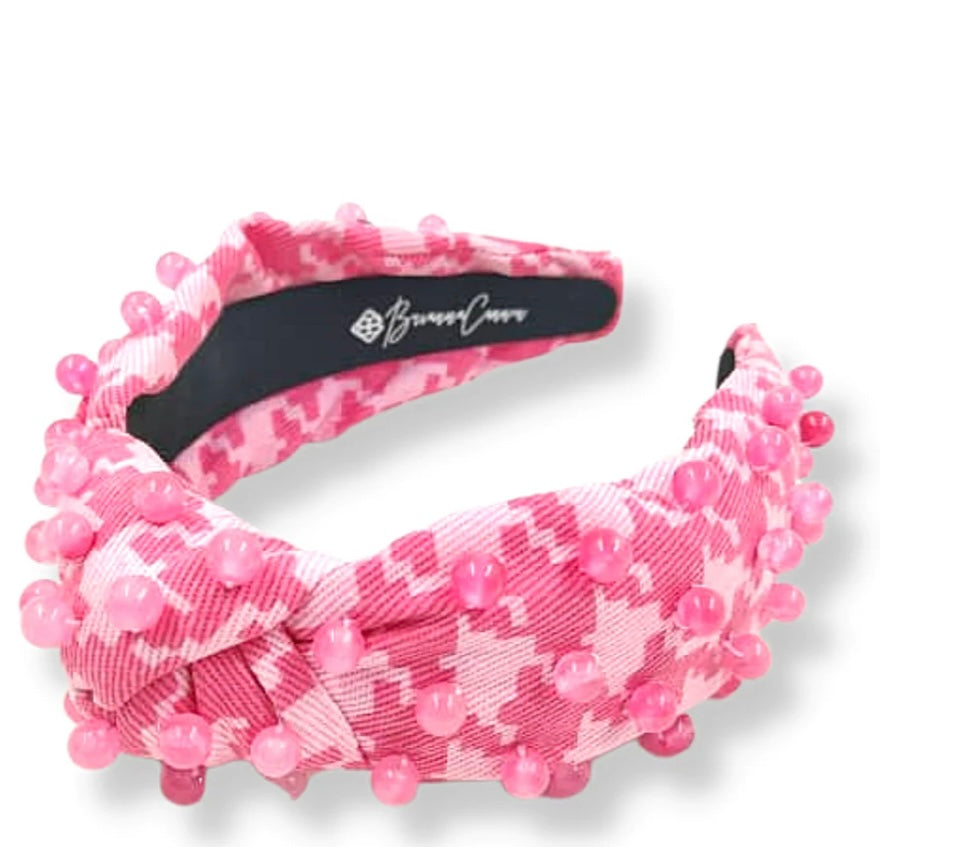 Pink Denim Houndstooth Headband with Pink Beads
