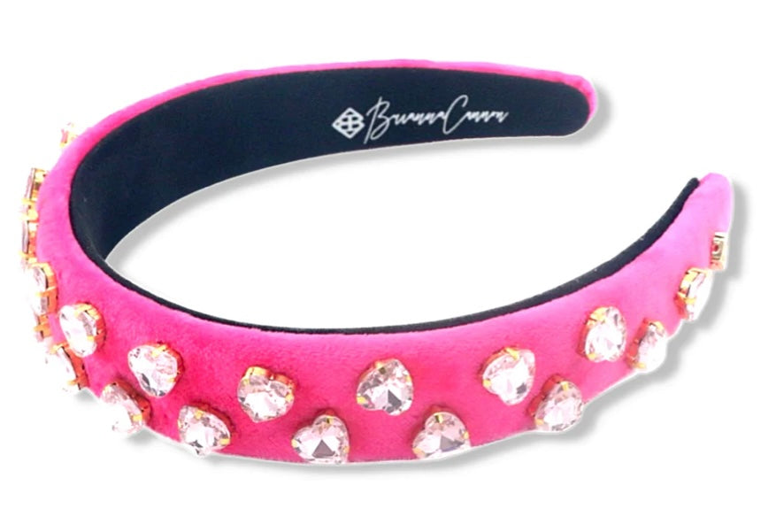 HOT PINK VELVET THIN HEADBAND WITH LIGHT PINK CRYSTAL HEARTS