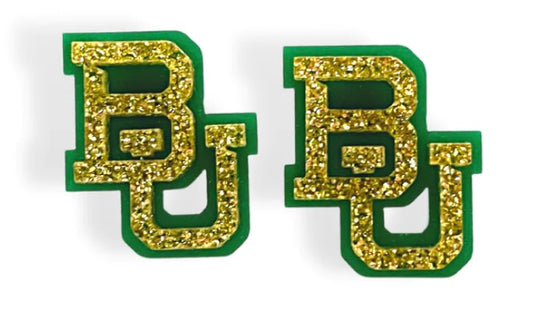 GOLD GLITTER AND GREEN BAYLOR LOGO STUDS